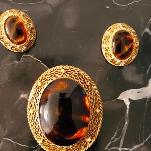 Brooch & Pendant With Earrings Tiger Eye Look Vintage Estate Collection
